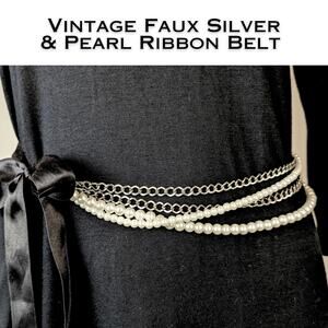 Ribbon Tie Pearl & Silver Chain Belt OS Multi Strand Waist Hip Necklace Style